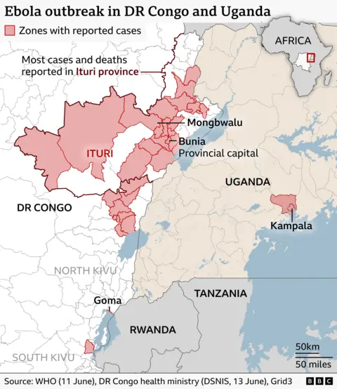 Map of DR Congo showing the areas where Ebola has been recorded, as well as Uganda where some cases have been recorded