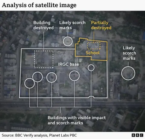 An image showing an example of how BBC Verify uses satellite imagery to investigate conflict zones. It shows the aftermath of a strike on a school in Minab, Iran and highlights scorch marks around the area.
