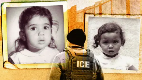 BBC A treated image showing Shirley Chung, right, and an adoptee from Iran who requested anonymity, around the age they arrived in the United States. The back of an ICE agent is seen in front of them.