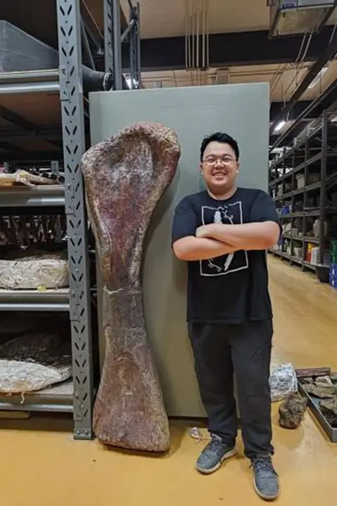 Reuters Researcher Thitiwoot Sethapanichsakul poses with a front leg bone which is taller than him.