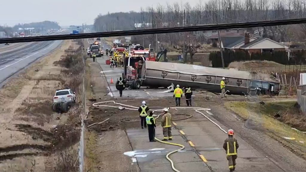 A fuel tanker truck rolled into a ditch on South Service Road near the QEW in Beamsville on Jan. 12, 2024