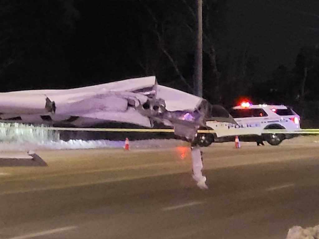 The scene in Ajax where a plane made an emergency landing on January 15, 2024. (Douglas Boyd/CITYNEWS)