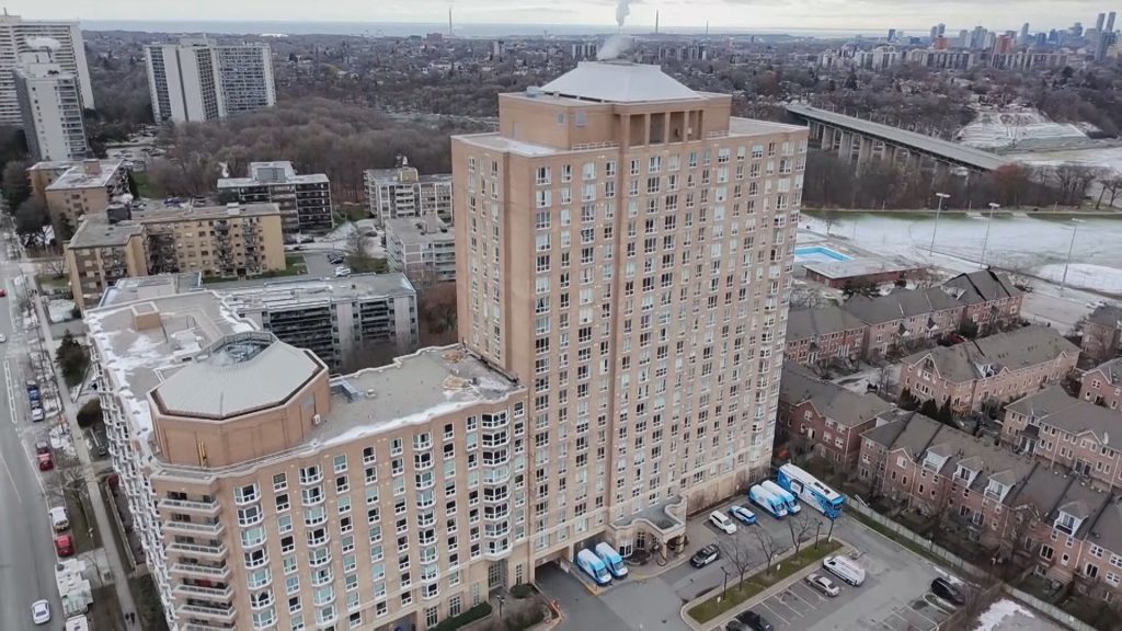 Exterior view of two Thorncliffe Park buildings where a stubborn fire burned for 18 days.