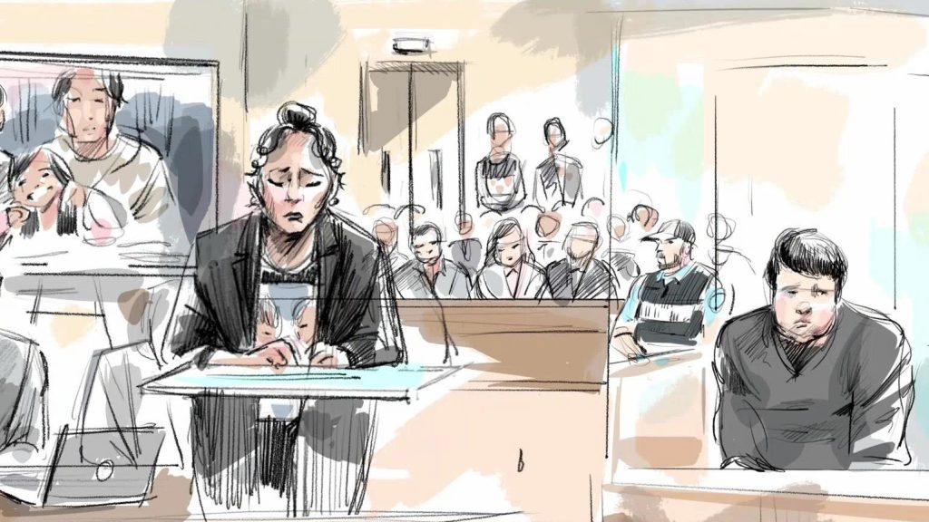 Ethan Lehouillier is shown in this court sketch during victim impact statements at his sentencing hearing