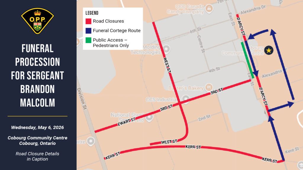 A map of the funeral procession for Ontario Provincial Police Sergeant Brandon Malcolm