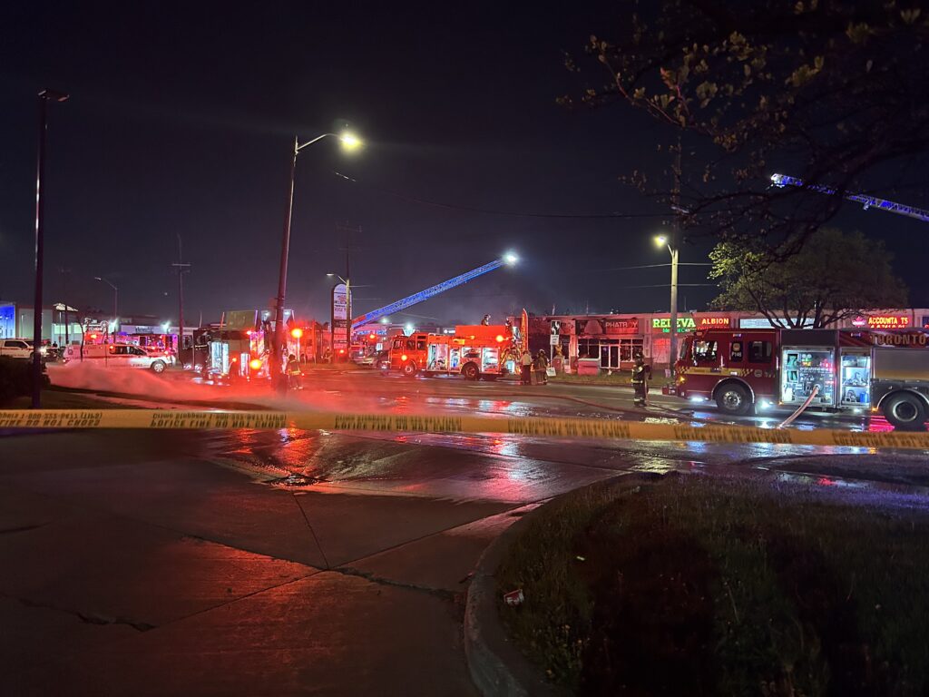 Police on scene of a fire at an Etobicoke fireworks store