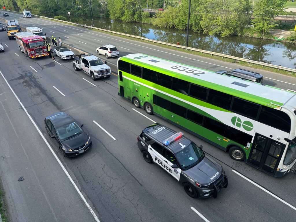 A crash involving a GO Transit bus on the Don Valley Parkway on June 16, 2026