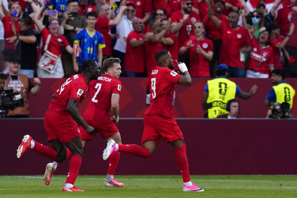 Canada's Cyle Larin (9) celebrates his goal during second half group B World Cup soccer action against Bosnia and Herzegovina