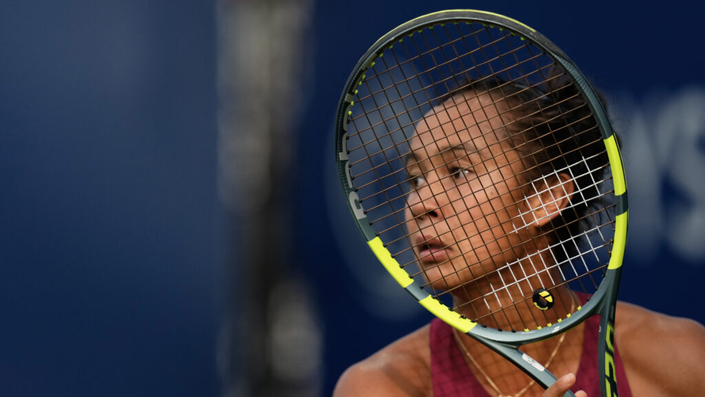 Canada's Leylah Fernandez prepares to hit a return during her doubles match with sister Bianca Fernandez