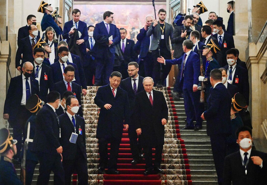 去年在莫斯科克里姆林宮舉行會談後的俄羅斯總統普丁和中國領導人習近平，照片由俄羅斯官方媒體提供。
