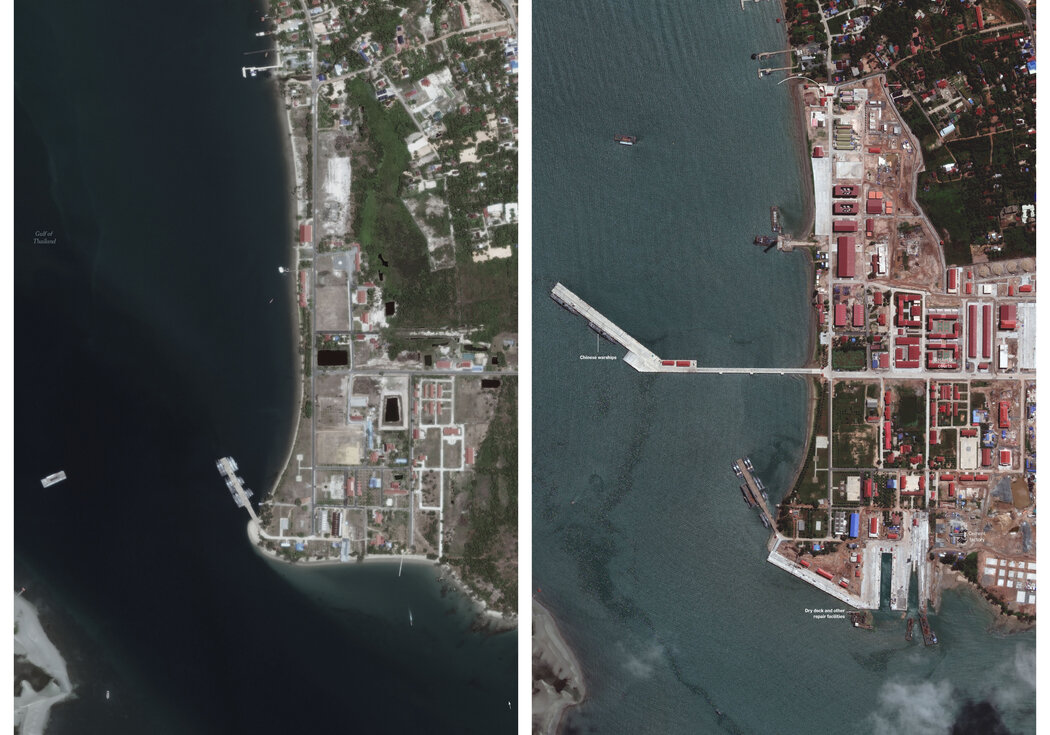 中國堅稱沒有在柬埔寨建設海軍基地。柬埔寨也這麼說。但這個已為航母準備就緒的碼頭卻表明，事實並非如此。同理還有圖中的巨型乾船塢。它們坐落在主要海上航道附近，似乎是為推進中國的海軍野心而量身定做。