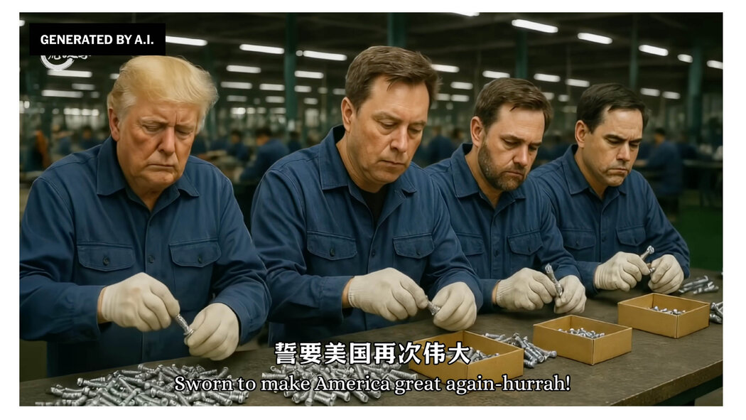 人工智慧生成的音樂影片截圖，影片內容是嘲弄川普總統及其政府。