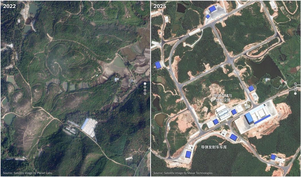 這是中國火箭軍611旅基地。近年來，611旅基地的面積擴大了一倍，新建了發射台和用於模擬作戰的假隧道。