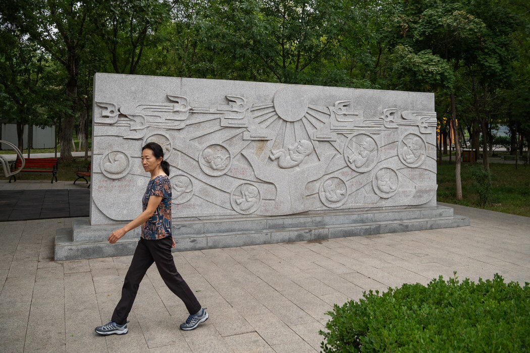 北京附近的一個公園，一塊刻有描繪胎兒發育全過程圖像的石影壁。