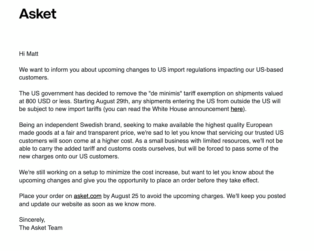 在小額包裹免稅政策取消前夕,Asket與Maguire兩家企業向客戶發出了通知函。