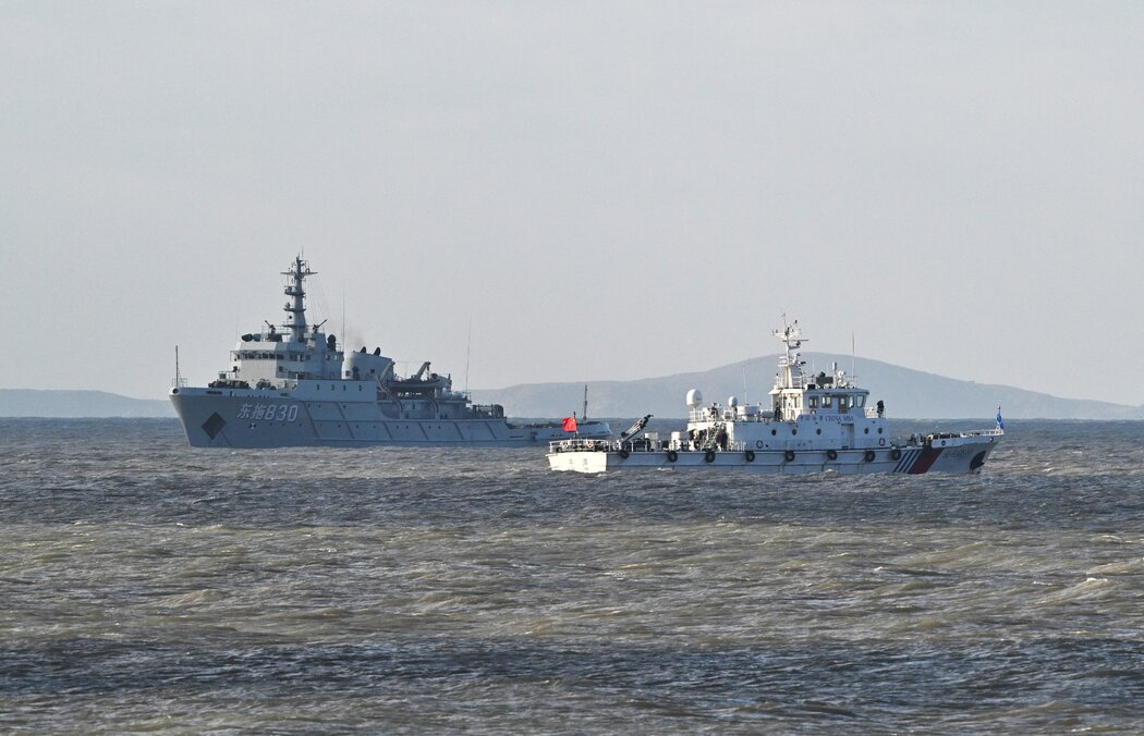 週二軍演期間,中國軍艦在平潭島外海游弋。