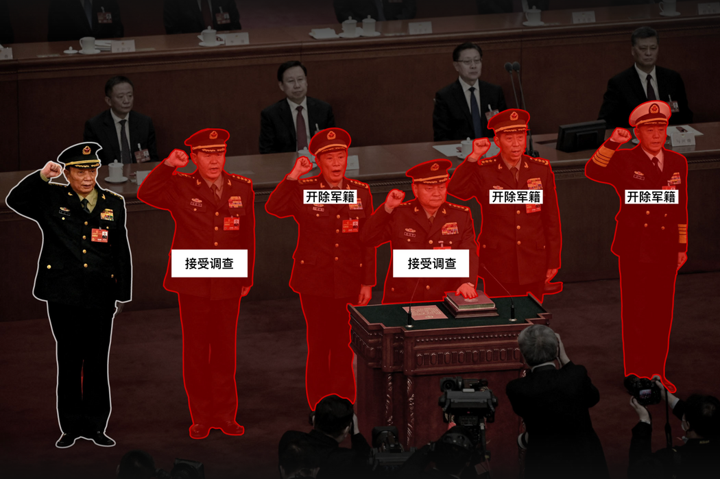 這些是2023年在中央軍事委員會任職、效力於習近平的高級將領。此後，除一人外，其他人都被習近平清除出局。習近平在過去三年中進行了非同尋常的大清洗，使得這個世界第二強大軍隊的高層出現了權力空白。