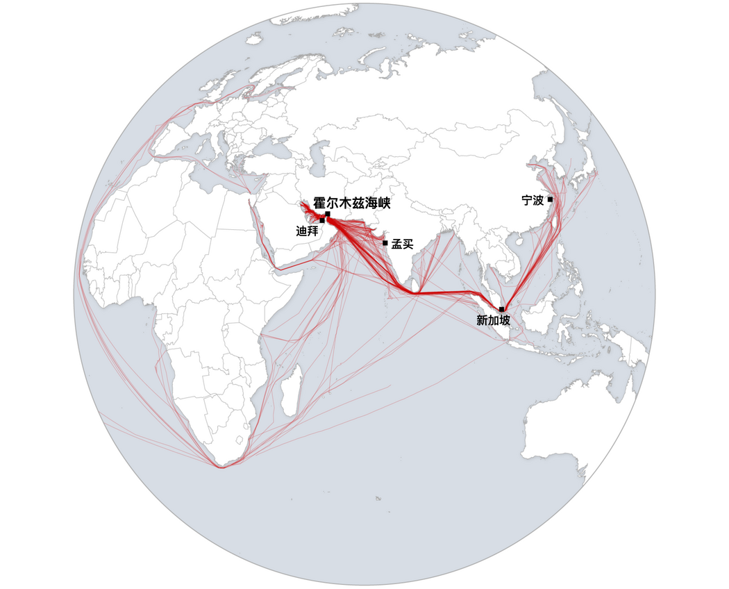 穿越海峽的油氣運輸船隻的航線。註:包括自1月1日至3月2日所有油輪和天然氣運輸船。來源:Kpler。