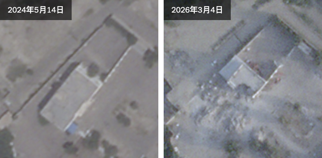 衛星圖像顯示出2月28日伊朗南部米納卜市小學遭受襲擊後的破壞程度。