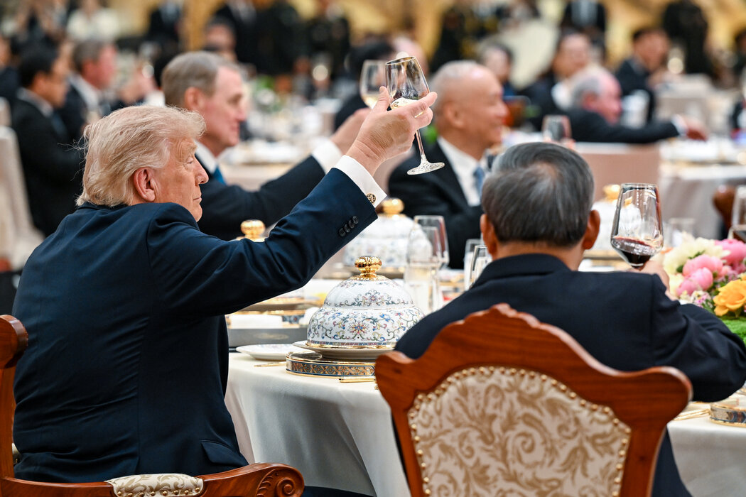 國宴上的川普。他對習近平和中國民眾的友好表態正在被中國官方媒體放大。