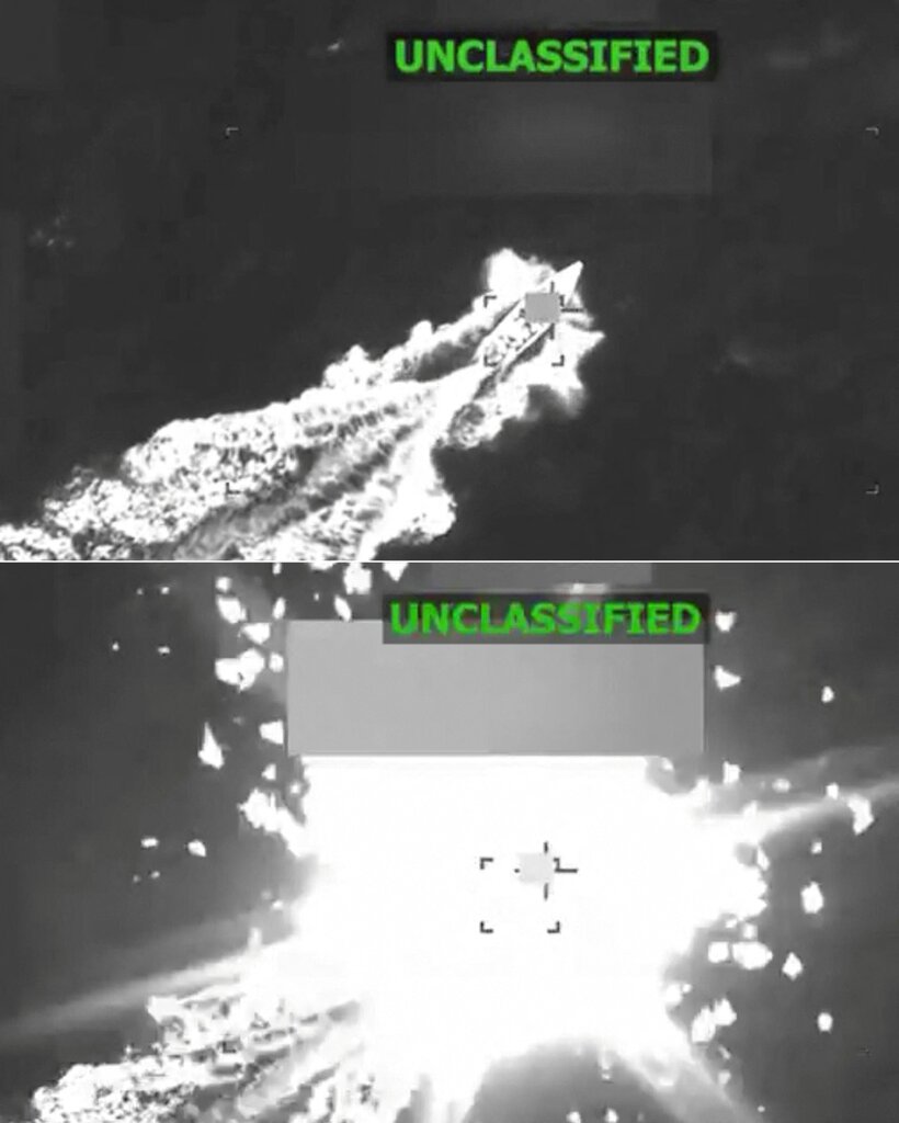 國防部長髮布的影片截圖顯示美軍在加勒比海對一艘船隻實施了空襲。