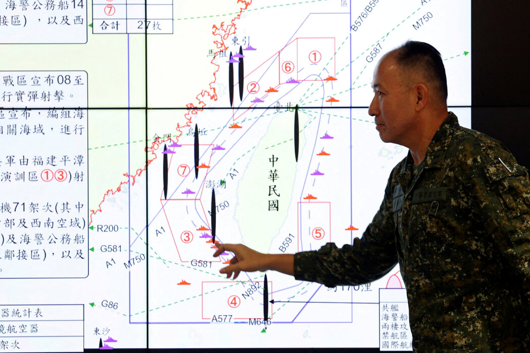 台北一場關於中國在台灣周邊舉行軍演的新聞發布會。