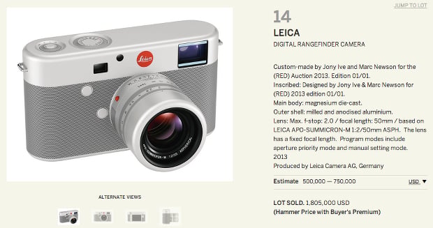 leica m camera and auction text. the text says the Leica M RED Prototype camera sold for $1.8 million.