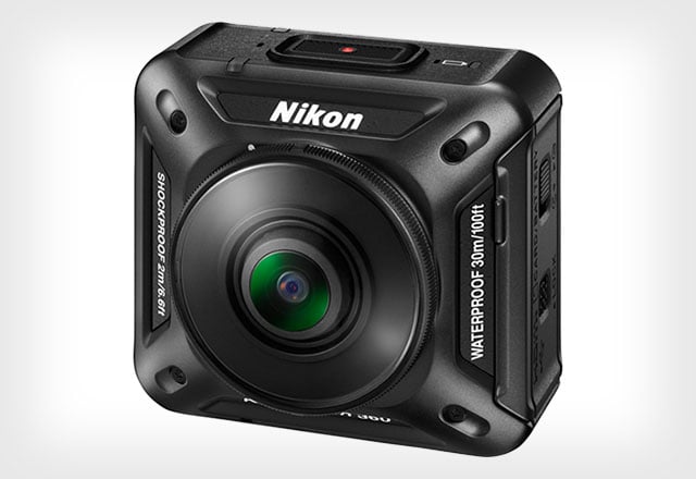 nikon keymission 360 action camera on a white background. black camera with a prominent front lens. 
