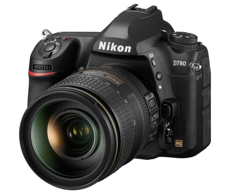 A black Nikon D780 DSLR camera with a zoom lens attached, viewed from the front-right angle against a white background.