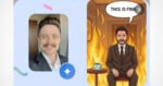 A man smiles in a selfie on the left. On the right, a cartoon version of him in a suit sits calmly at a table with fire around him, saying