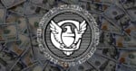 The black-and-white seal of the United States Copyright Office appears overlaid on a background of scattered 100-dollar bills. The seal features an eagle and the text “Seal of the United States Copyright Office 1870.”.