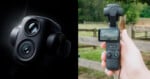 Split image: left side shows a black multi-lens 360-degree camera on a dark background; right side shows a hand holding a compact gimbal camera with a screen, outdoors near a wooden fence and trees.