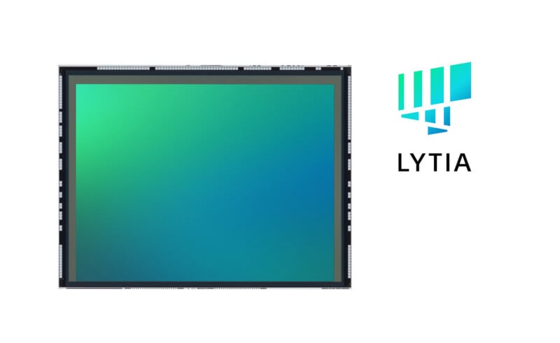 A square camera sensor with a green and blue gradient is shown next to the LYTIA logo, which features teal bars forming an abstract shape above the text "LYTIA" on a white background.