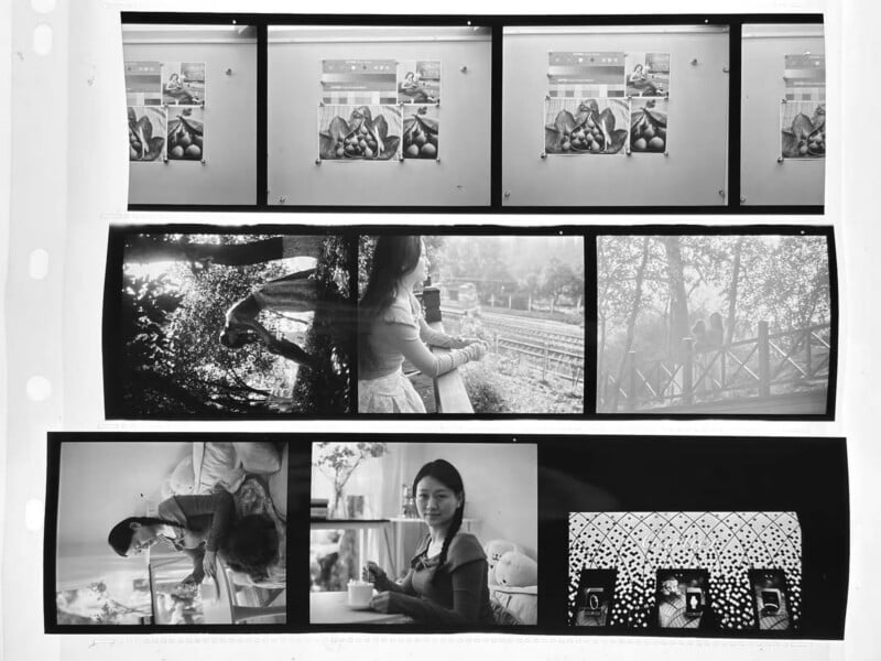A black and white contact sheet with three rows: the top row shows close-up images of strawberries, the middle row shows outdoor scenes with a woman by a railing, and the bottom row features a woman indoors with a cup and decorative objects.