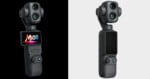 Two handheld gimbal cameras are shown side by side; the left one has a display screen showing the word