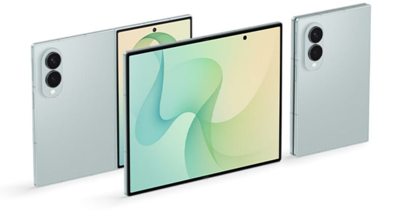Four foldable smartphones are displayed, three are folded showing the silver back with dual cameras, and one is unfolded, revealing a large screen with abstract green and beige shapes.