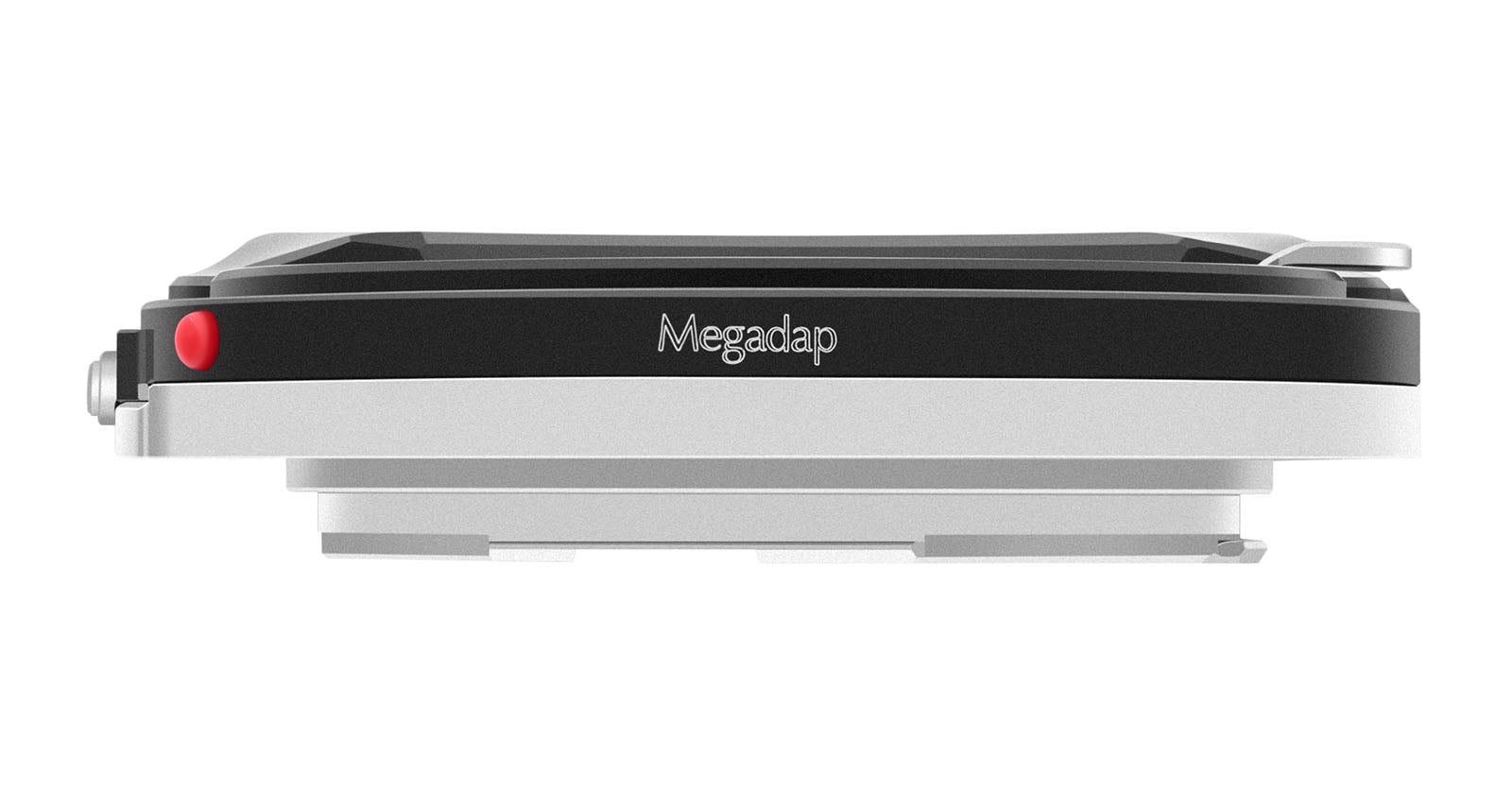 A close-up side view of a Megadap-branded camera lens adapter, predominantly black and silver, with a small red circle detail on the left side.