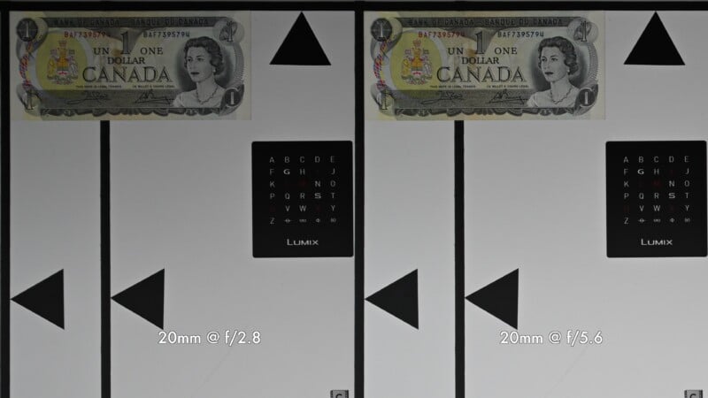 Two test charts side by side, each with a Canadian one dollar bill, a vision test card, and black geometric shapes. Both images are labeled “20mm @ f/2.8” (left) and “20mm @ f/5.6” (right).