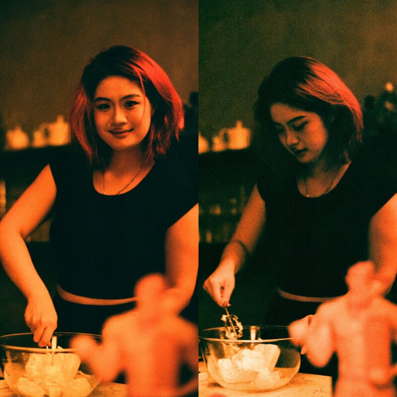 A woman with red hair and a black shirt is mixing ingredients in a glass bowl. The image is split into two panels, showing her smiling in one panel and focused on mixing in the other, under warm lighting.