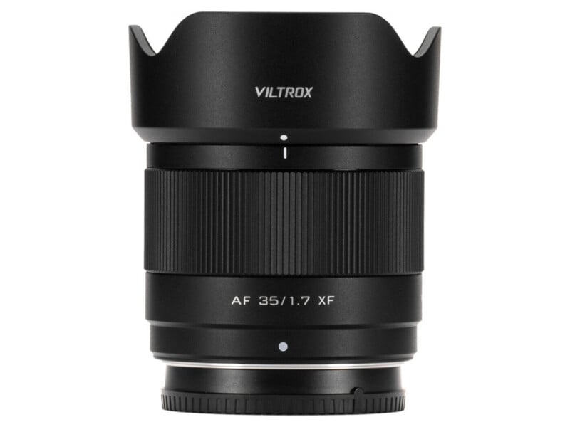 A Viltrox camera lens with a lens hood attached, labeled "AF 35/1.7 XF," shown upright against a white background.