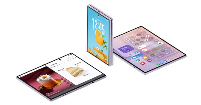 Three foldable smartphones are shown: one open flat like a tablet, displaying notes; one partially folded, standing upright showing a clock; and one fully open, displaying a settings screen.