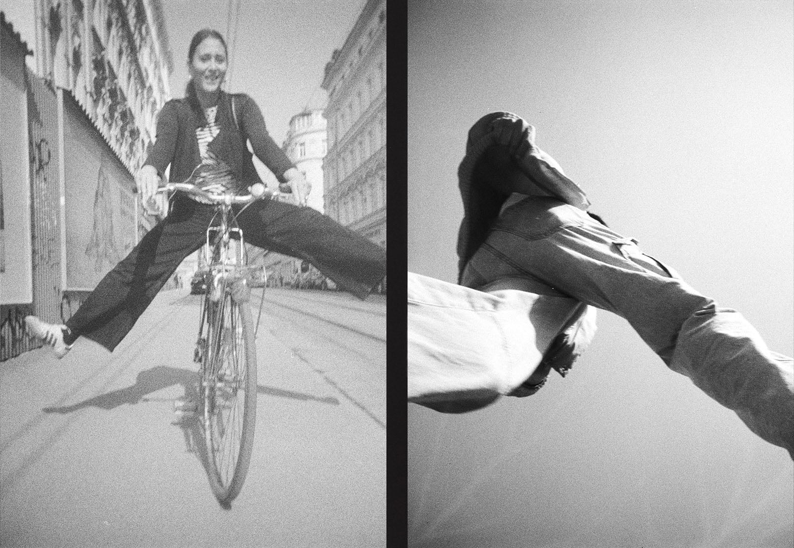 Black and white split image: left, a smiling person rides a bicycle with legs wide apart; right, low-angle view of a person walking, pants and coat flapping in the wind.