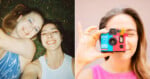 Left: Two women lying on grass, smiling for a selfie. Right: A woman holds a colorful camera up to her eye, about to take a photo.