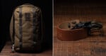 A brown backpack with dark straps sits on a wooden surface; next to it, a brown leather keychain with a clasp and paracord is displayed on the same wood background.