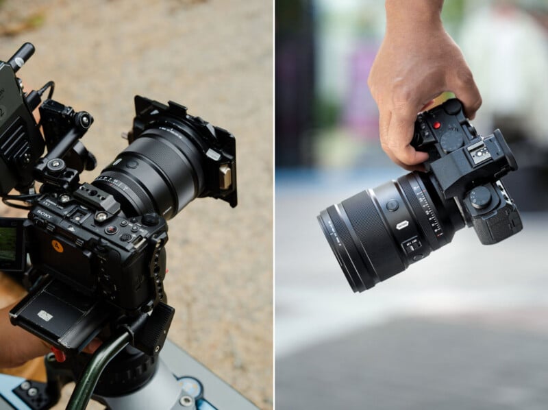 Split image showing two different professional cameras: the left side displays a camera mounted on a rig, while the right side shows a hand holding a camera with a large lens, pointed downward.