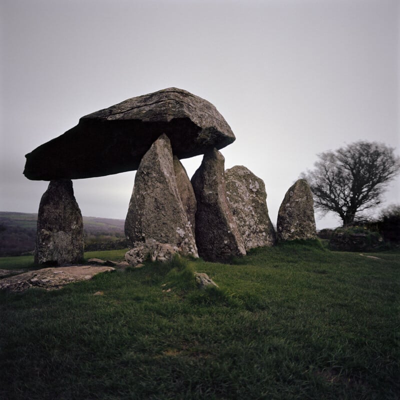 A large stone structure with several upright stones supporting a massive flat capstone, set in a grassy field with a tree and cloudy sky in the background.