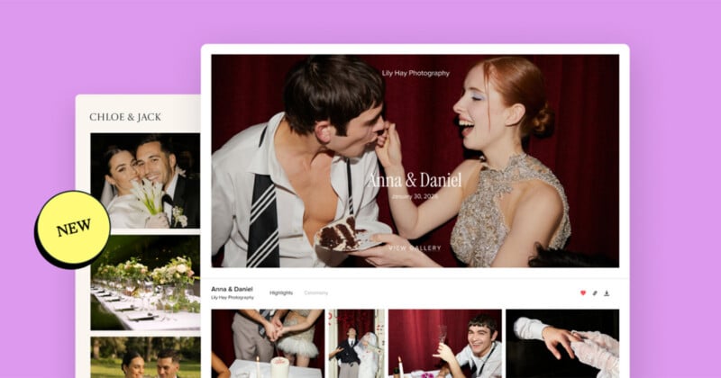 A couple laughs while sharing cake at a wedding. The screen shows a wedding photography website with other event photos and a 