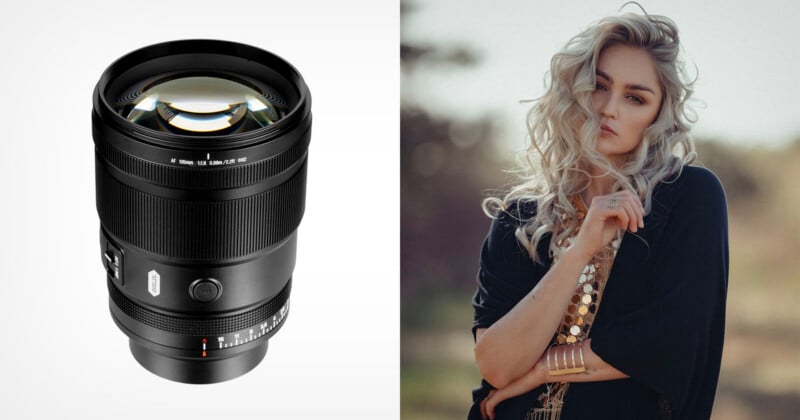 On the left, a black camera lens; on the right, a woman with wavy blonde hair poses outdoors, wearing a dark top and gold accessories, looking at the camera with a soft expression.