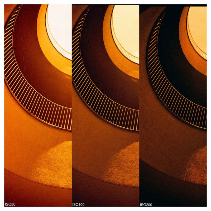 Three side-by-side images show a spiral staircase viewed from below, looking up to a bright circular skylight, with each image varying in brightness and graininess labeled ISO 50, ISO 100, and ISO 200.