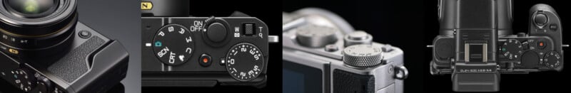 Close-up views of different camera dials and buttons, showing textured surfaces, labels, and control details on modern and retro-style camera bodies against dark backgrounds.